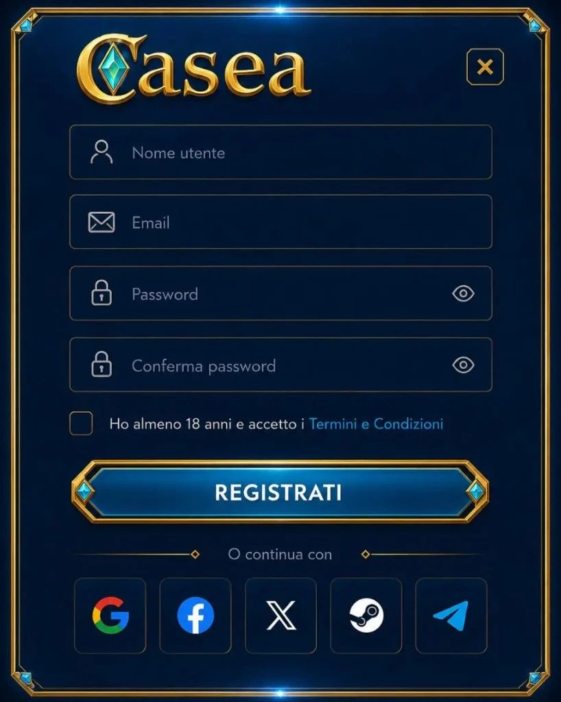 Modulo di registrazione con nome utente, email, password e accesso social.